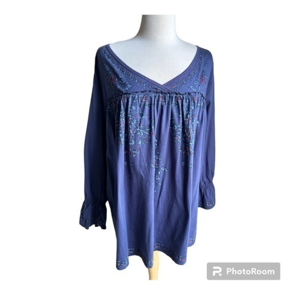 La Blend boho blue embroidered sequined long sleeve navy cotton top 3X
